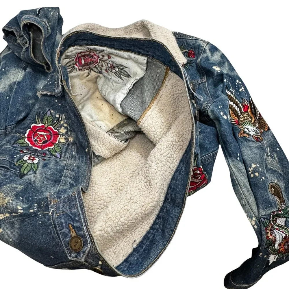 Reason Denim Sherpa Trucker Jacket Death Before Dishonor Embroidered Tattoo sz L